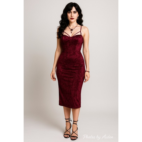 Dresses & Skirts - Crushed Velvet‎ Womens Red Sleeveless Adjustable Spaghetti Strap Bodycon Dress L